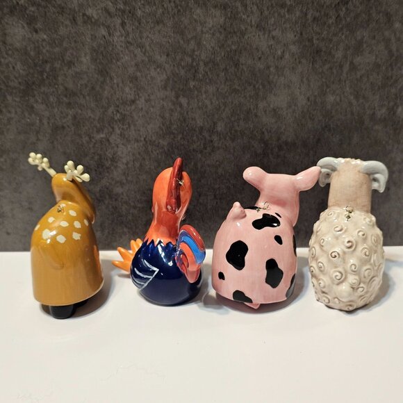 Set Of 4 Ceramic Animal Ornaments  Deer Rooster Cow Sheep Farm Christmas Decor - Picture 2 of 10